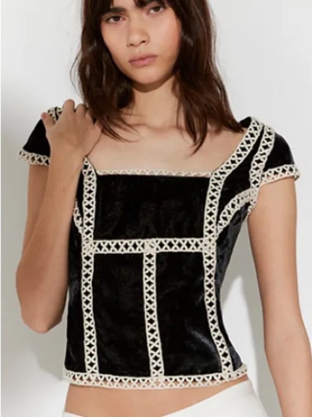 Free People Black Corset Crop Top with White Crochet Trim